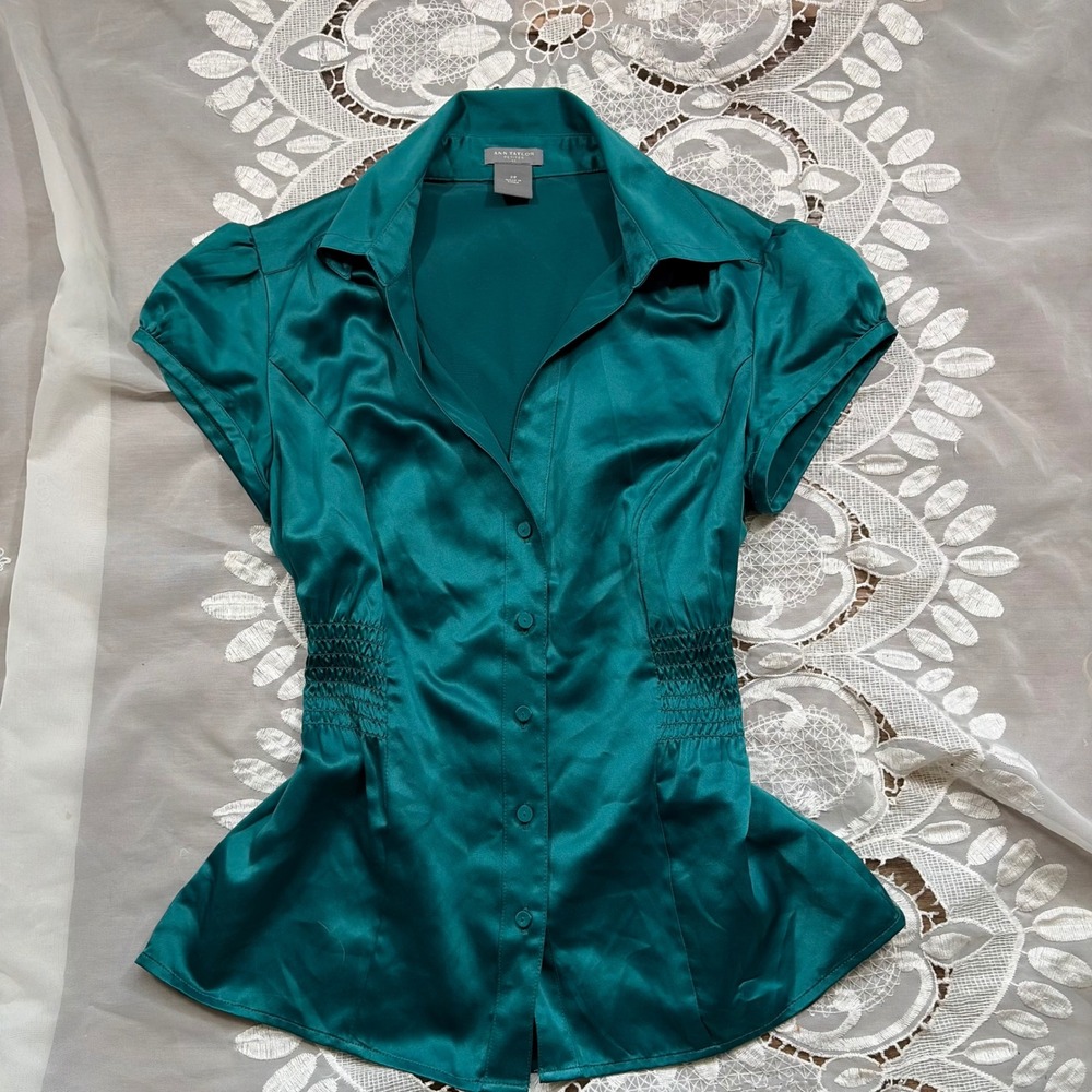 Y2K Office Siren Teal Green Satin Smocked Waist Peplum Blouse Top 2P